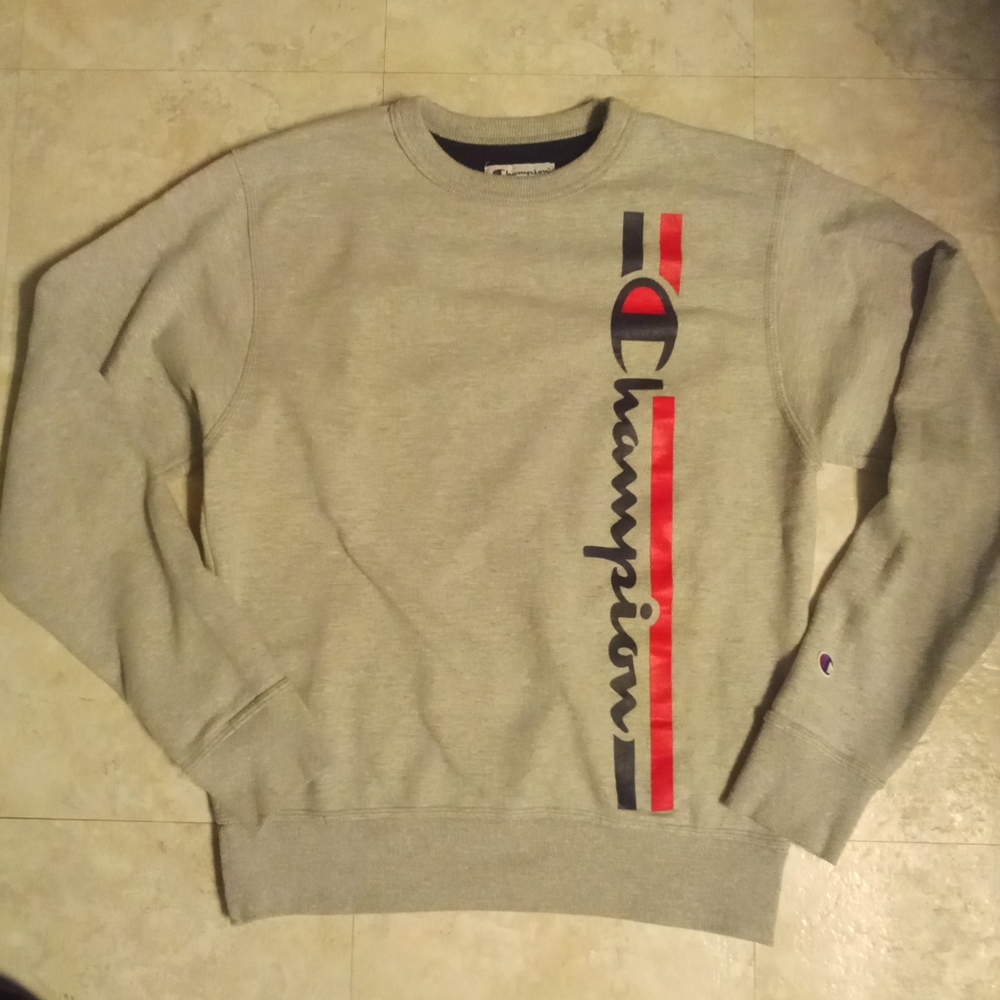 Champion Crew Neck Sweater Mens Sz Small Big Logo Pullover Gray Classic